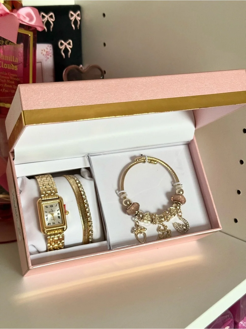 Baby Phat Pink and Gold Watch and Charm Bangle Set